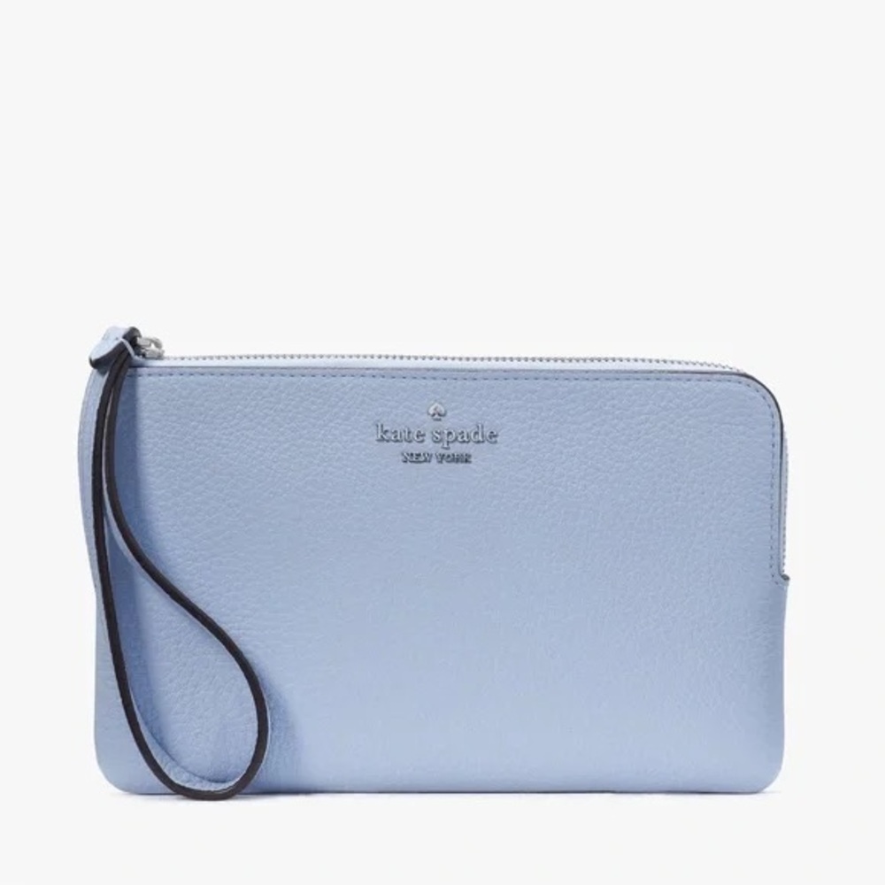 KATE SPADE LEILA L ZIP WRISTLET PEBBLED LEATHER POLISHED BLUE WALLET